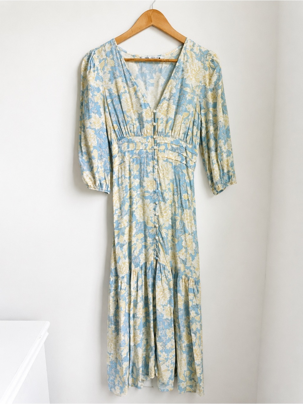 Zara Blue & Yellow Pastel Floral Button Front Midi Dress Cottagecore S - Picture 3 of 7